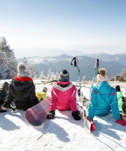 Group of skiers sitting on snow and looking beautiful landscape, back view