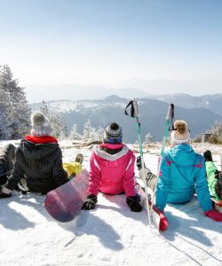 Group of skiers sitting on snow and looking beautiful landscape, back view