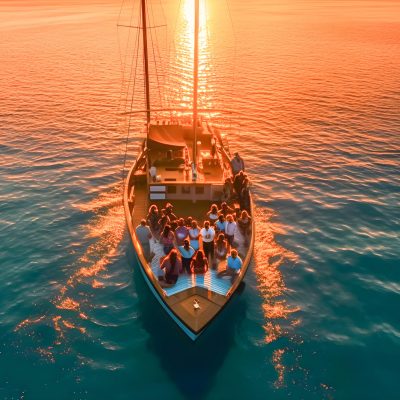 Sailing boat with a group of people, friends or tourists sailing the sea at sunset. Generative ai.