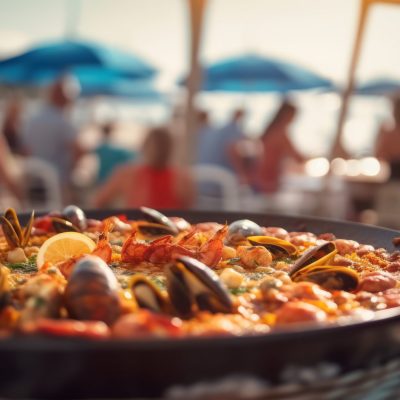 paella or bar food in summer on the beach