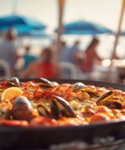 paella or bar food in summer on the beach
