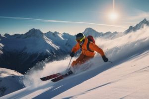 skier jumping in the snow mountains on the slope with his ski and professional equipment on a sunny day. Generative AI