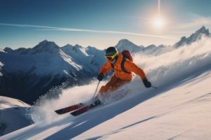skier jumping in the snow mountains on the slope with his ski and professional equipment on a sunny day. Generative AI