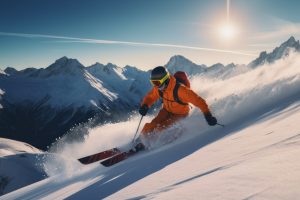 skier jumping in the snow mountains on the slope with his ski and professional equipment on a sunny day. Generative AI