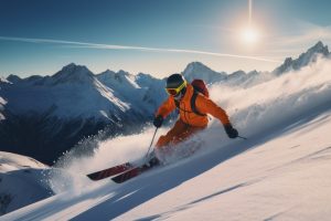 skier jumping in the snow mountains on the slope with his ski an