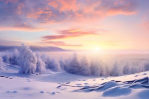 Beautiful Natural Landscape of a Snowfield forest sunset with clouds in winter. Generative AI.