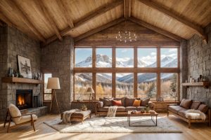 Salon chaleureux avec une cheminée dans un chalet en bois en hiver et vue panoramique sur les montagnes enneigées