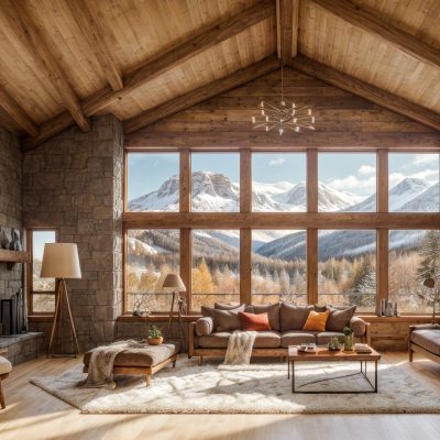 Salon chaleureux avec une cheminée dans un chalet en bois en hiver et vue panoramique sur les montagnes enneigées