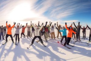 Cold lifestyle team vacation young group season snowboard fun people happiness skiing sky mountain extreme adult winter friendship snow travel smile sport