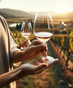 Individuals holding wine glasses, examining the color and aroma of the wine in a vineyard setting.