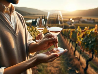 Individuals holding wine glasses, examining the color and aroma of the wine in a vineyard setting.