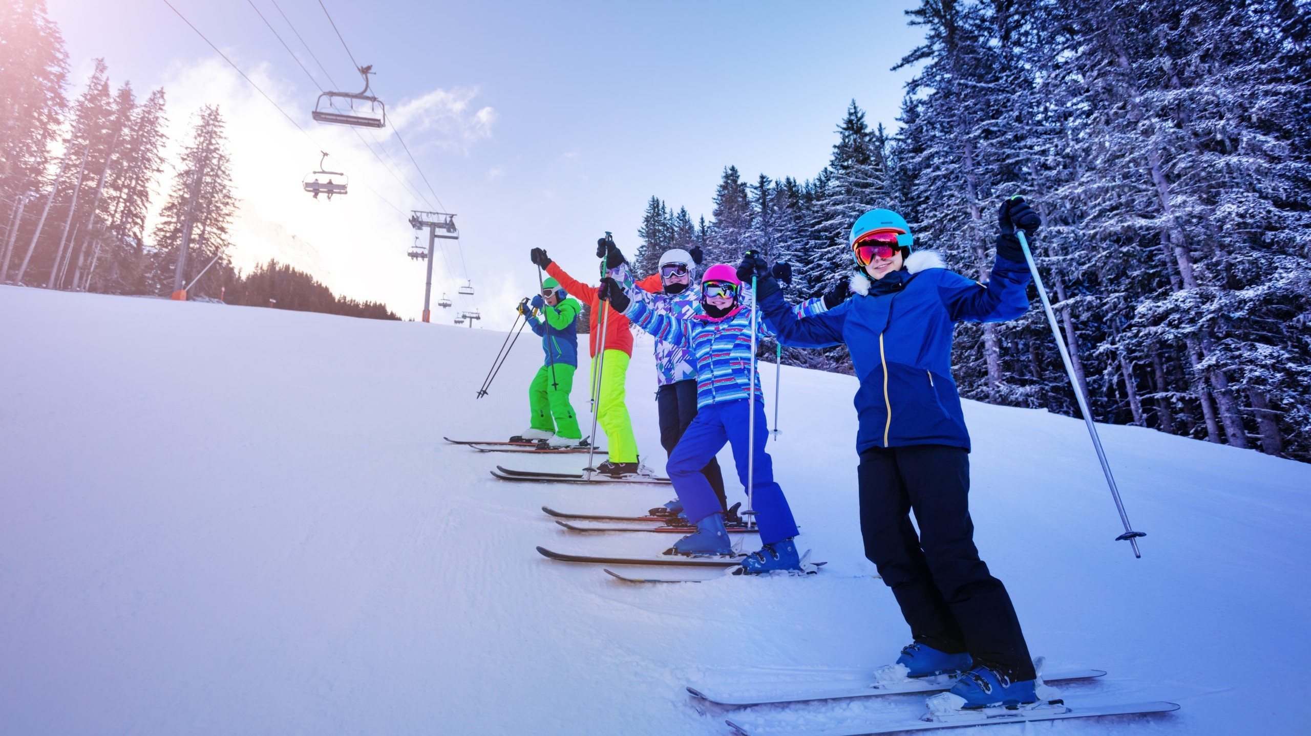 Group ski sports kids portrait on mountain slope