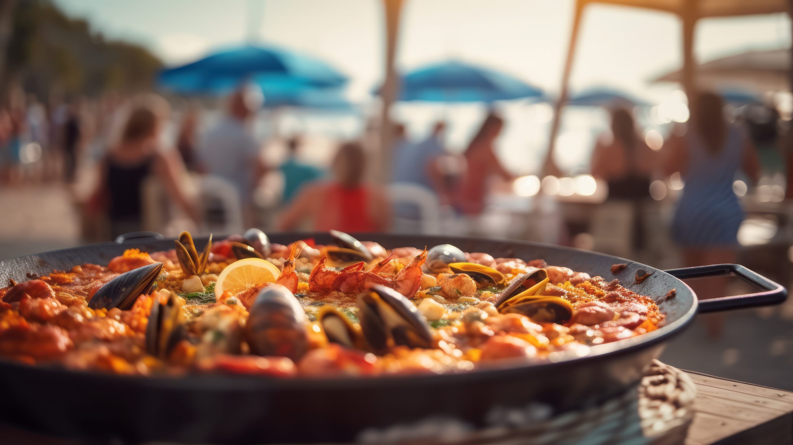 paella or bar food in summer on the beach