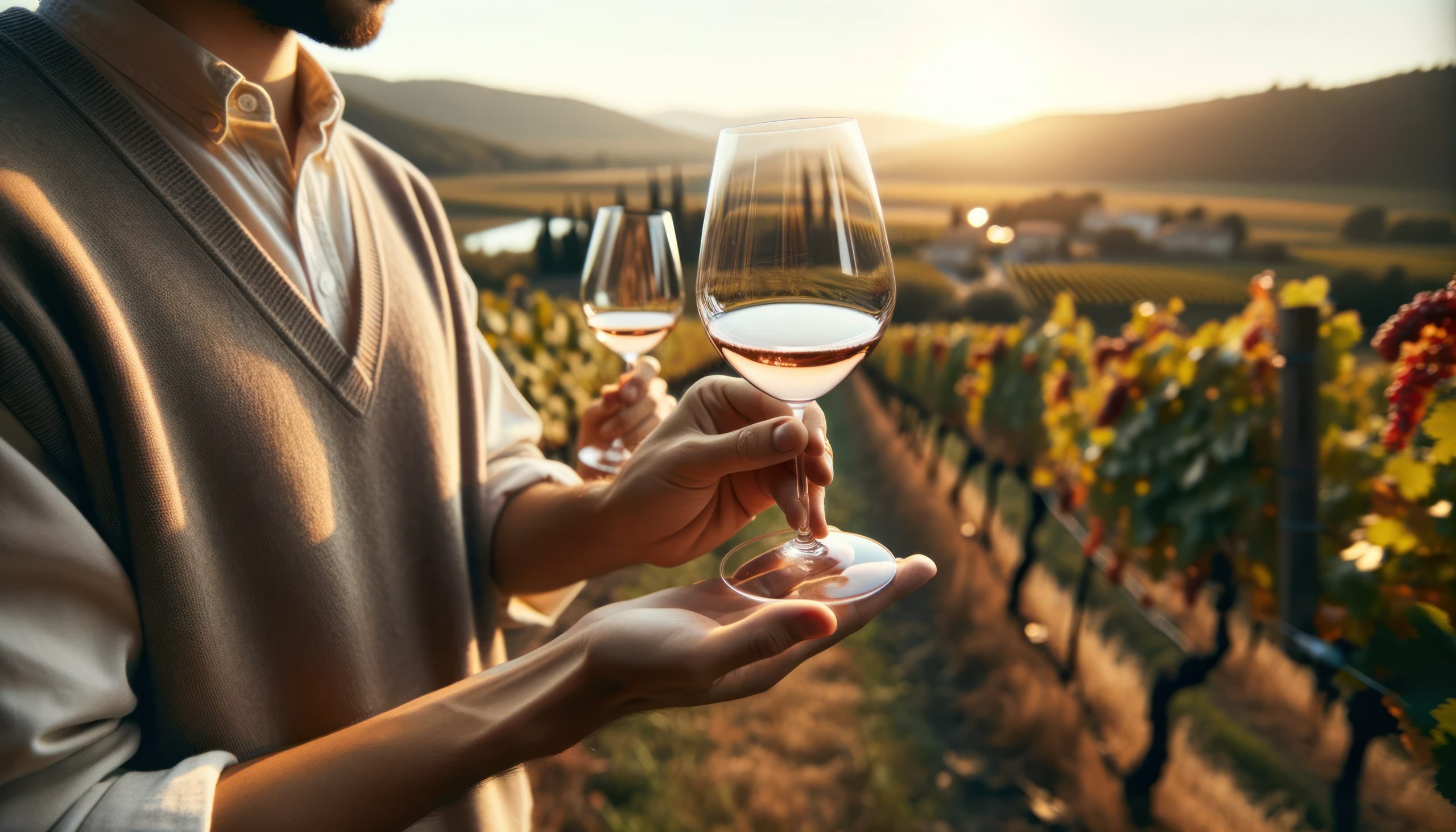 Individuals holding wine glasses, examining the color and aroma of the wine in a vineyard setting.