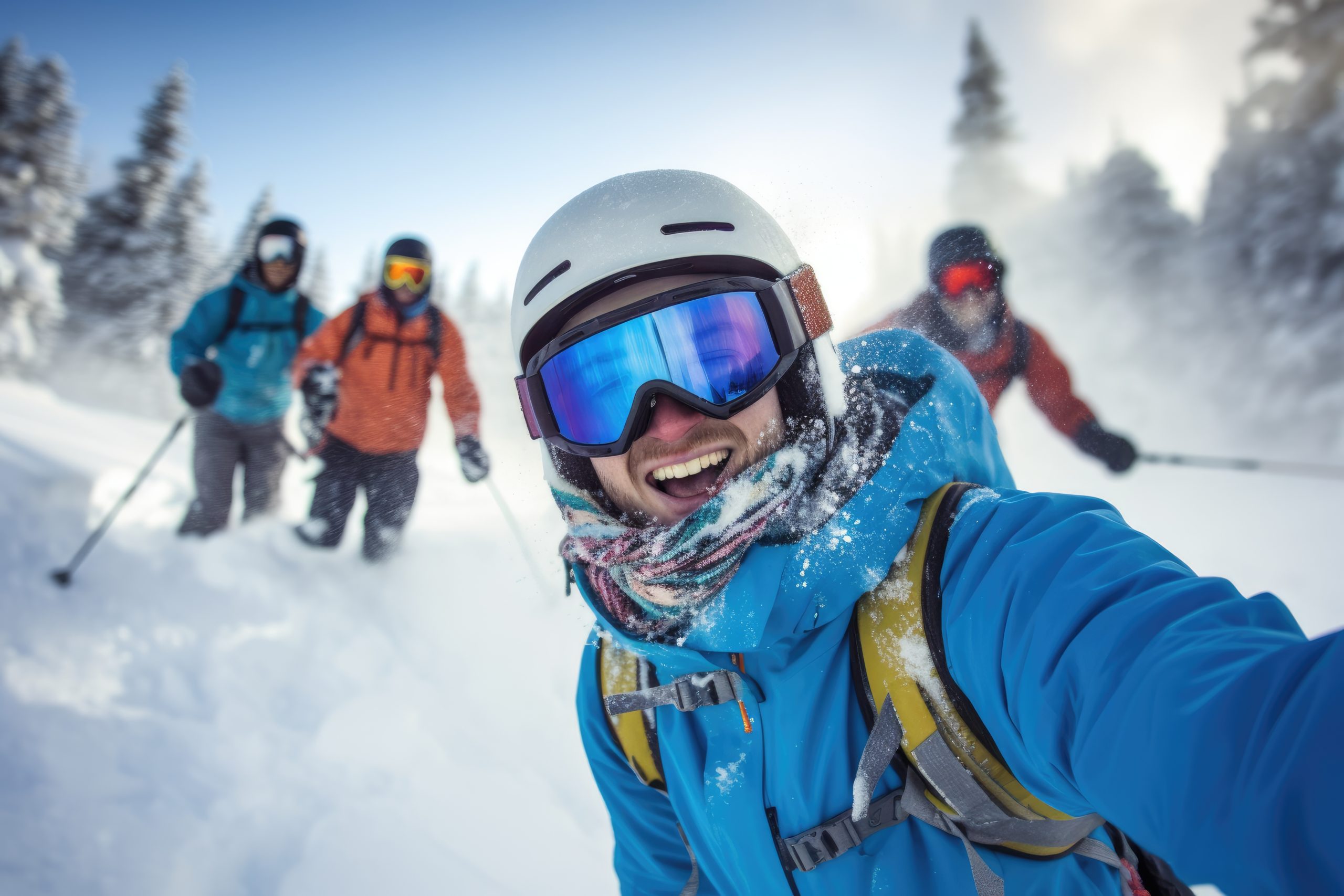 Photo of a group of friends skiing down a snowy slope, their faces filled with excitement and joy. Generative AI