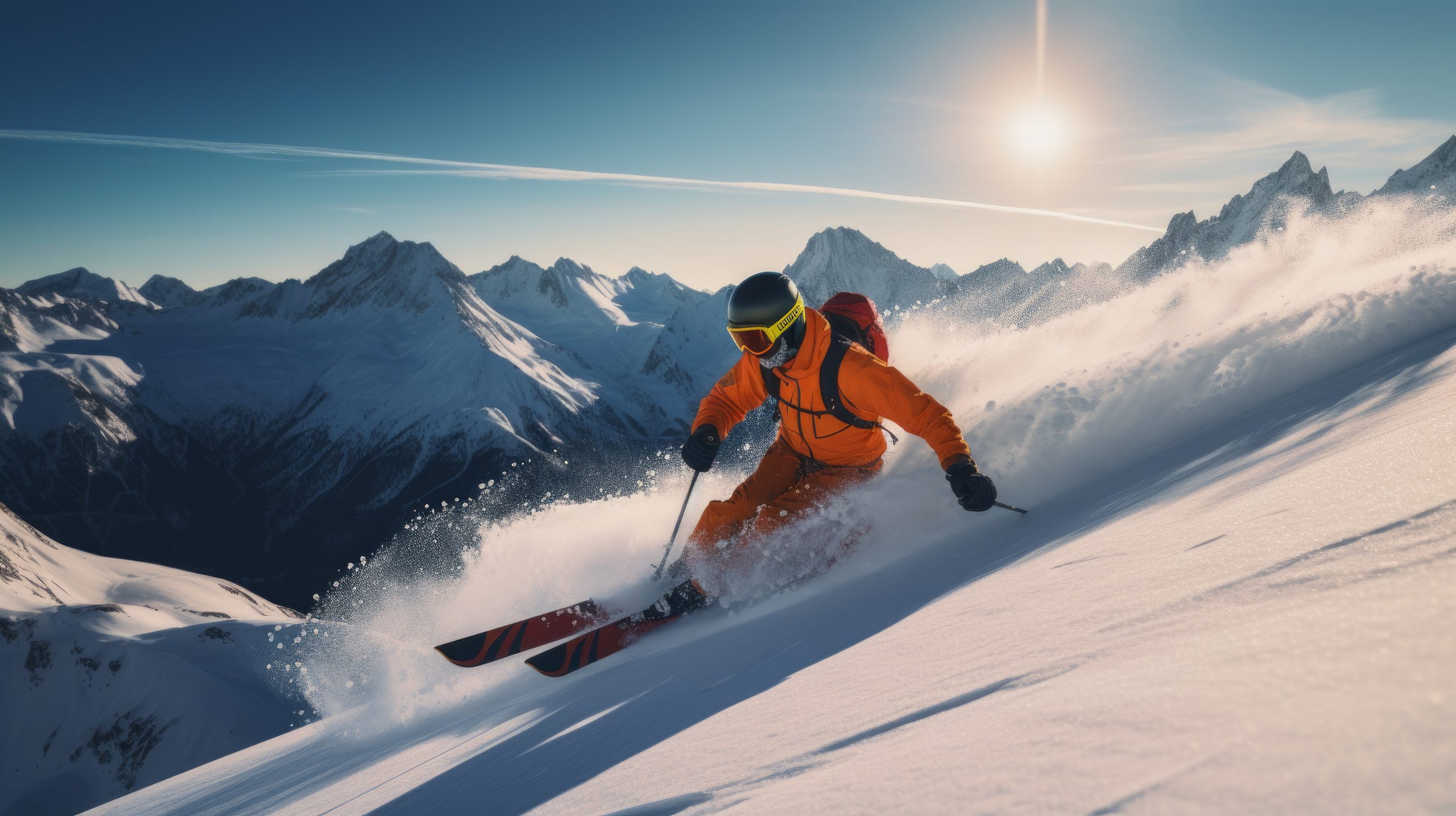 skier jumping in the snow mountains on the slope with his ski an