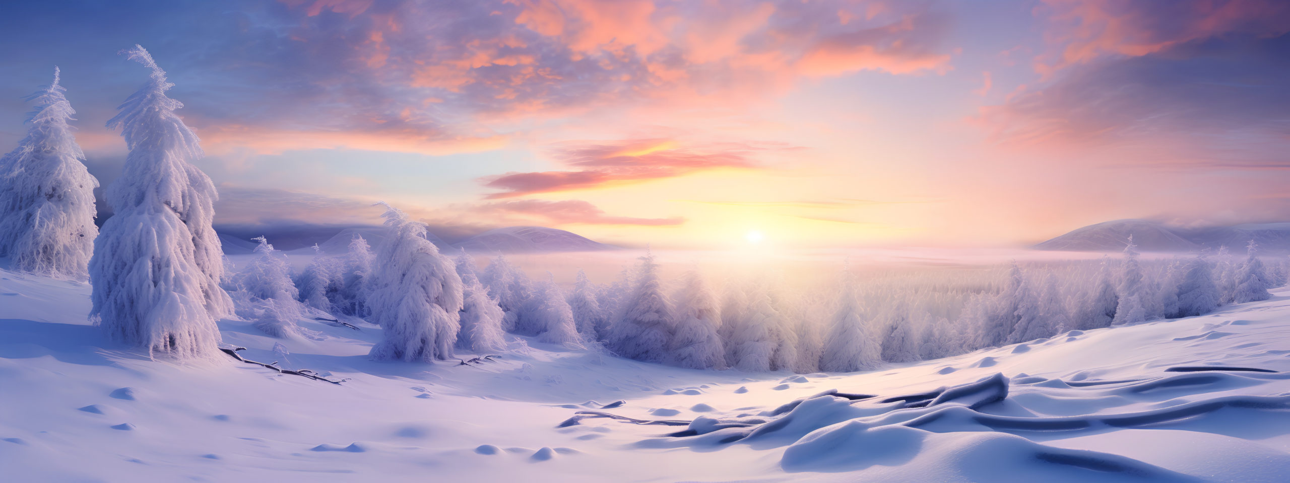 Beautiful Natural Landscape of a Snowfield forest sunset with clouds in winter. Generative AI.