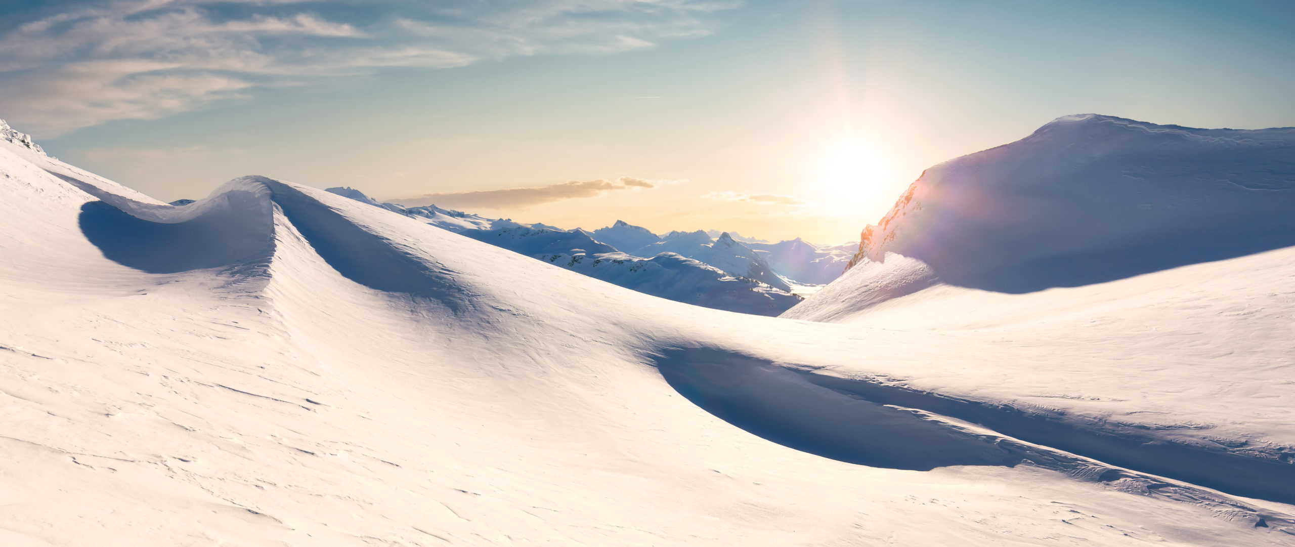 Winter Landscape in Canadian Mountain Landscape. Colorful Sunrise Sky Art Render. Garibaldi, Whistler, BC, Canada.