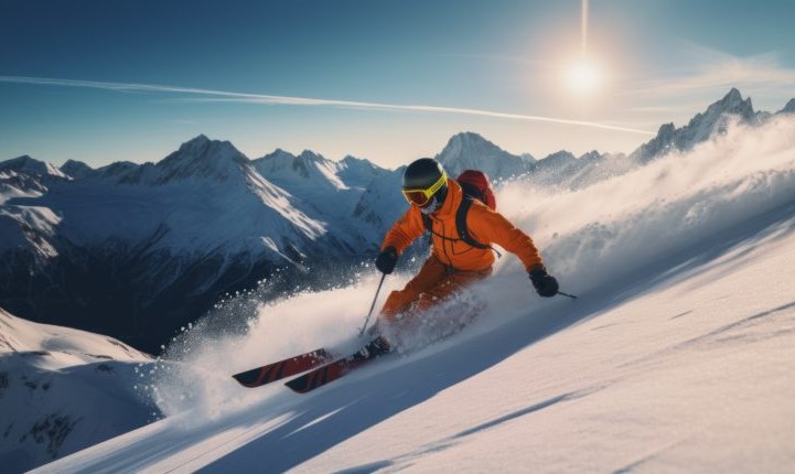 skier jumping in the snow mountains on the slope with his ski and professional equipment on a sunny day. Generative AI