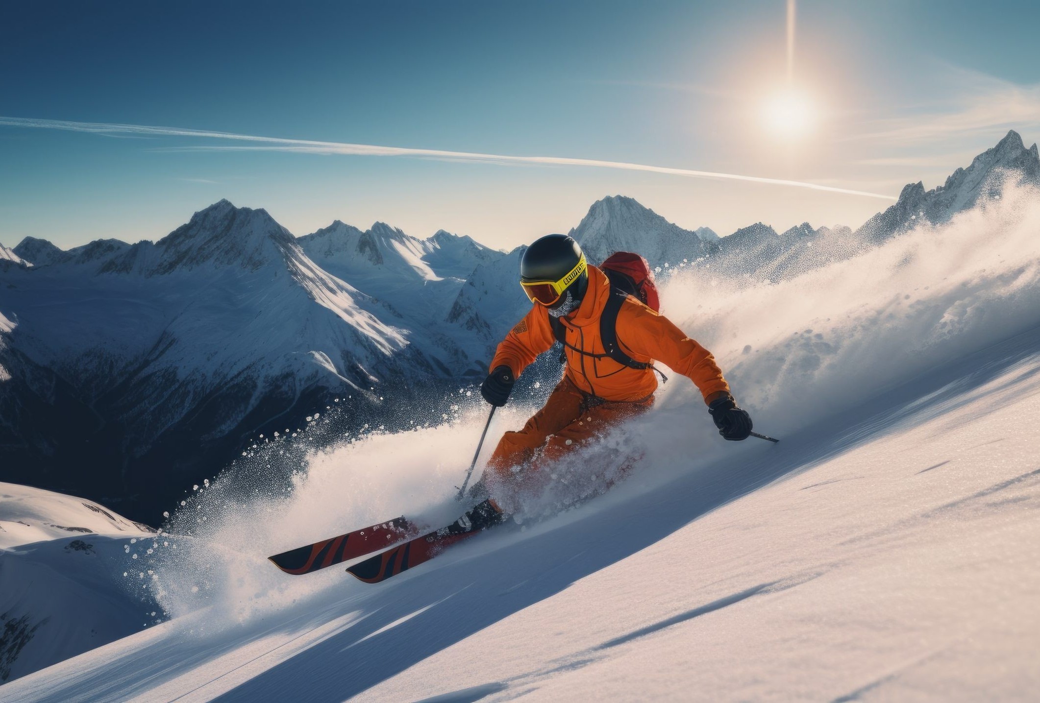 skier jumping in the snow mountains on the slope with his ski and professional equipment on a sunny day. Generative AI